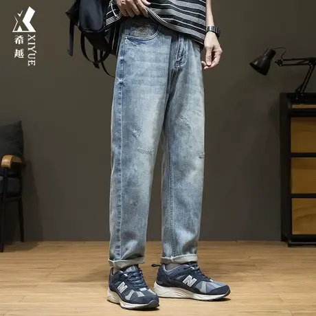 希越美式复古绣花直筒牛仔裤男士2024春季新款潮流高街休闲长裤子商品大图