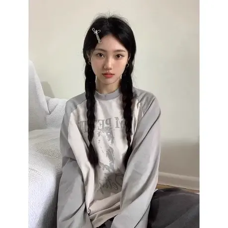 纯棉插肩袖圆领长袖t恤女春秋薄款2023宽松港风chic打底衫上衣服商品大图