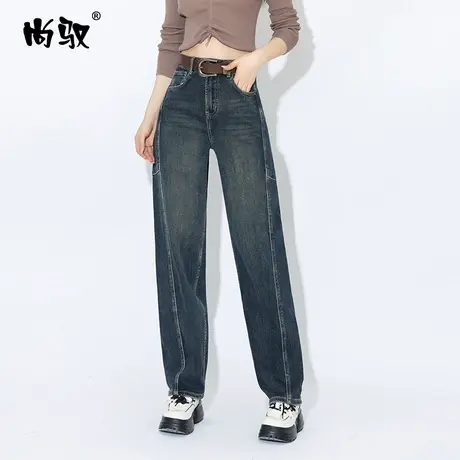 蓝色弹力高腰牛仔堆堆裤秋季新款修身显瘦垮裤时髦百搭老爹裤做旧图片