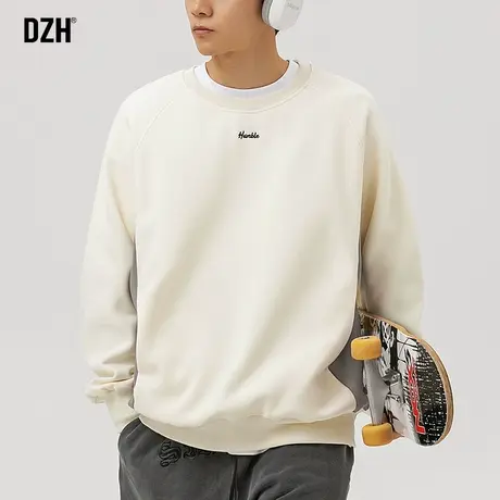 青少年米白色重磅圆领卫衣男春季痞帅高级感2024年新款情侣装上衣商品大图