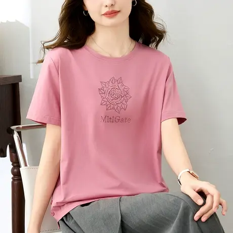 纯棉短袖t恤女2024年春夏新款时尚中年妈妈装上衣重工绣珠体恤衫图片