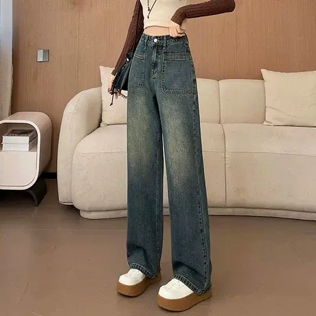 窄版阔腿牛仔裤女2024春季新款高腰宽松显瘦美式复古拖地直筒长裤商品大图