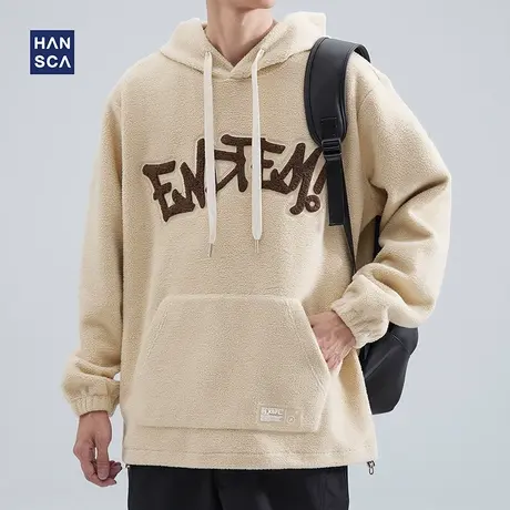 hansca羊羔绒连帽卫衣男冬季加厚美式重磅潮牌时尚刺绣保暖长袖男商品大图