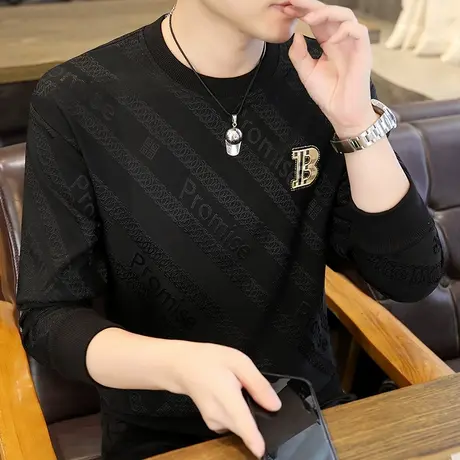 2023秋冬新款男士长袖T恤男装打底衫加肥加大码卫衣体恤潮流秋衣图片