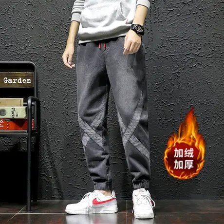 秋冬季裤子男士牛仔裤加绒加厚宽松束脚男裤休闲大码男款复古长裤商品大图