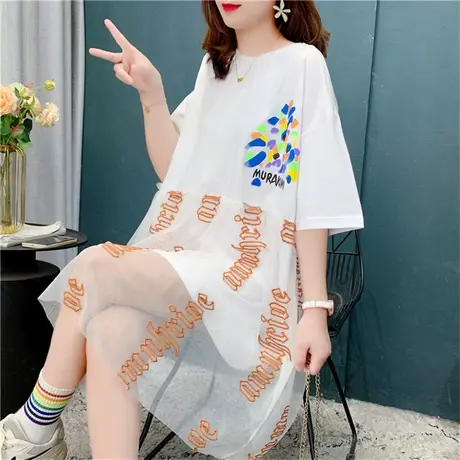 刺绣网纱拼接短袖T恤连衣裙女夏季2022年新款宽松洋气减龄ins上衣商品大图