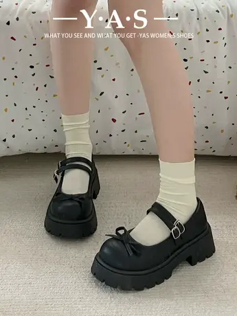 网红超火可爱蝴蝶结圆头小皮鞋女交叉带厚底增高复古玛丽珍鞋潮商品大图