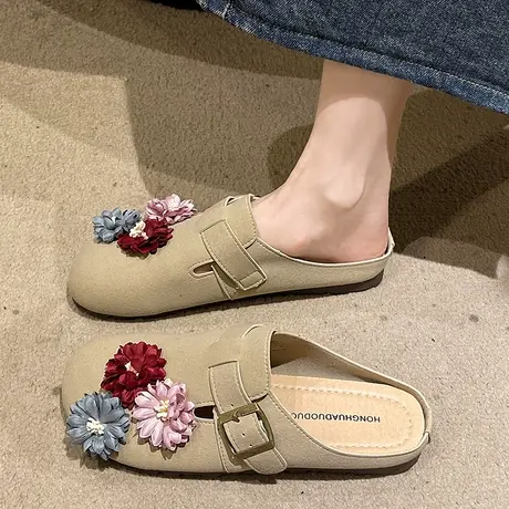 爆款卡通可爱包头勃肯鞋女2023新款小众原创懒人花朵凉拖鞋ins潮图片