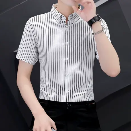 夏季男士短袖条纹衬衫修身休闲商务衬衣韩版冰丝寸衫潮流免烫男装商品大图