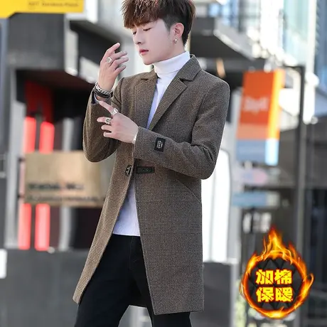 格子西服外套男士中长款秋冬季加绒加厚呢子英伦风衣男装韩版冬衣商品大图