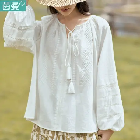 茵曼官方旗舰店法式长袖衬衣女2024年春季新款气质纯棉白衬衫上衣图片