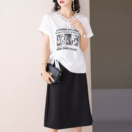 伊自尚大码女装2023年夏季新款时尚胖mm宽松显瘦印花T恤抽绳上衣商品大图