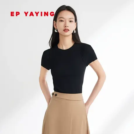 EP雅莹女装 圆领修身肌理黑色冰丝短袖针织衫 2023新款9903A商品大图