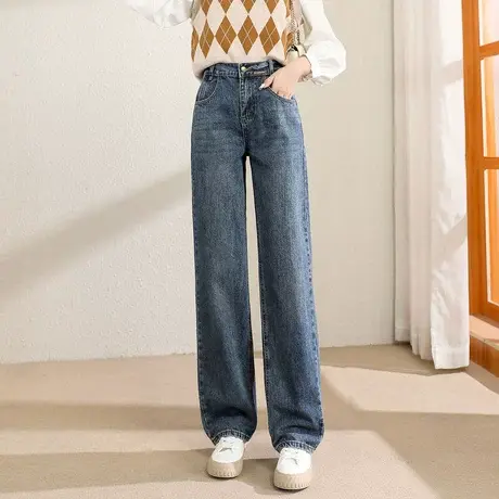 时尚气质百搭加绒牛仔长裤2022年冬季新款女士简约高腰显瘦通勤裤图片