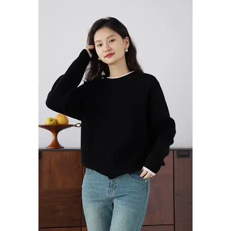 嘉茱莉2023秋季新款1OO绵羊毛毛衣外套女撞色圆领套头针织上衣商品大图