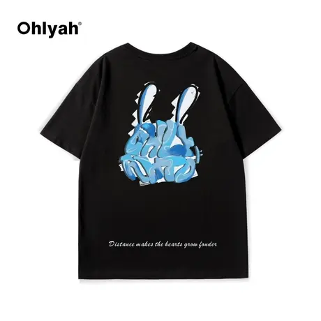 Ohlyah自制后背兔子印花短袖t恤女宽松情侣休闲潮圆领中性五分袖商品大图