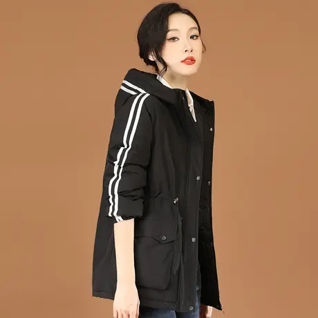 韩潮袭人连帽中长款条纹棉衣棉服女新款收腰派克服冬季外套图片