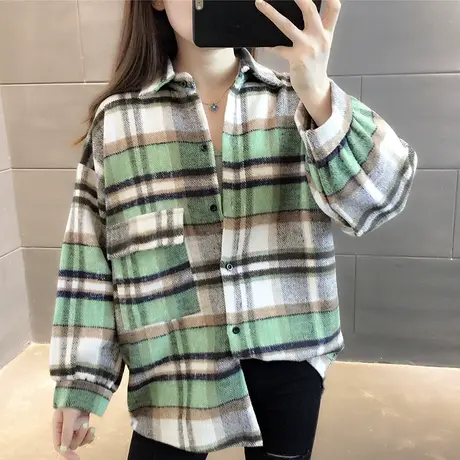 2023秋季新款韩版宽松复古格子衬衫女加厚网红长袖百搭衬衣外套潮商品大图
