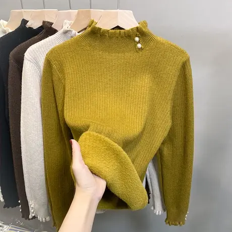 加绒半高领毛衣女一体绒加厚打底衫2023秋冬新款针织衫木耳边上衣商品大图