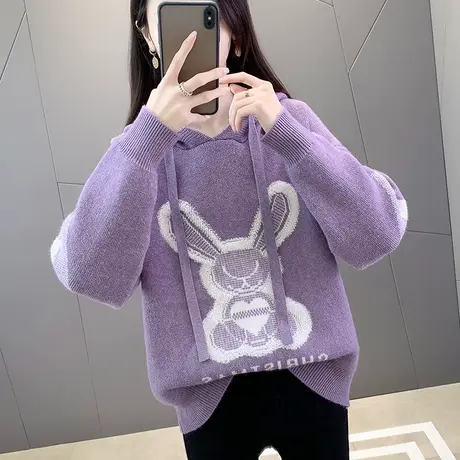 秋装新款连帽套头长袖针织衫卫衣女韩版宽松外穿休闲简约毛衣女商品大图
