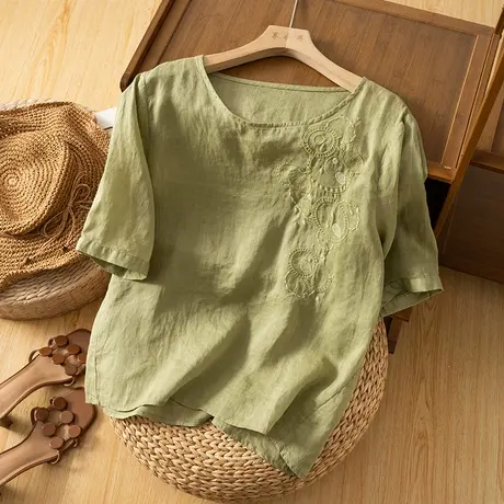 享永子短袖刺绣苎麻上衣女文艺复古宽松显瘦棉麻小衫2023夏季新款图片