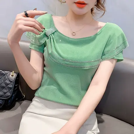 性感一字肩T恤女短袖夏装设计感荷叶边上衣洋气百搭半袖网纱小衫商品大图