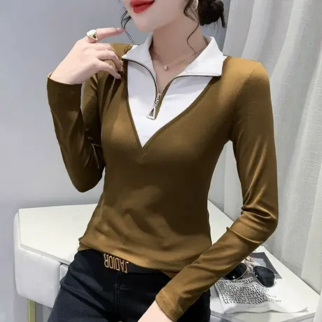 2023春秋新款时尚撞色长袖T恤女设计感拉链洋气上衣显瘦修身小衫商品大图