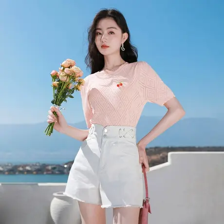 香影薄款针织衫女2023夏装新款甜美宽松粉色上衣樱桃镂空短袖t恤图片