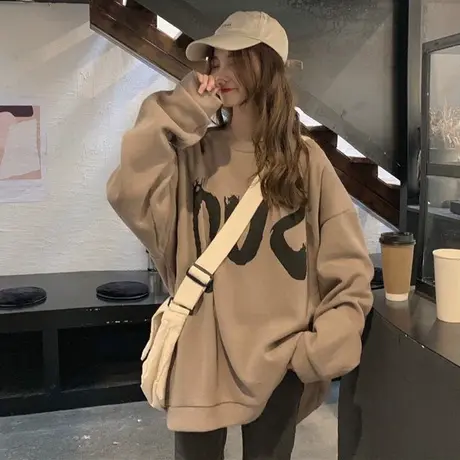 卡其色卫衣女2023新款oversize圆领宽松中长款遮屁股薄款秋冬外套商品大图