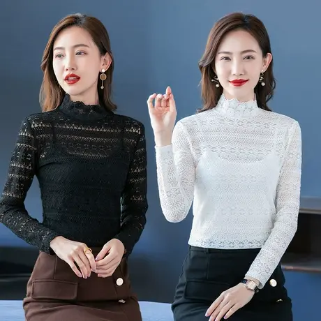 蕾丝打底衫女半高领长袖内搭小衫秋冬季新款蕾丝镂空百搭洋气上衣图片