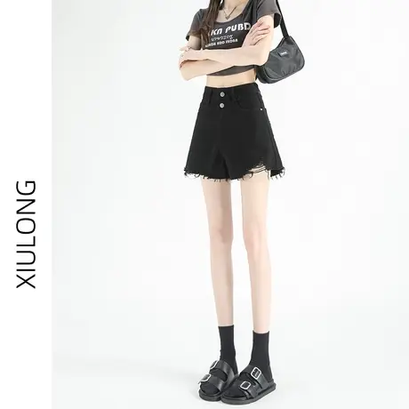 毛边高腰黑色牛仔短裤女秋2023新款宽松小个子a字阔腿辣妹热裤子商品大图