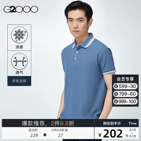 G2000男装2023夏季新款休闲职业翻领短袖T恤透气条纹领polo衫男商品大图