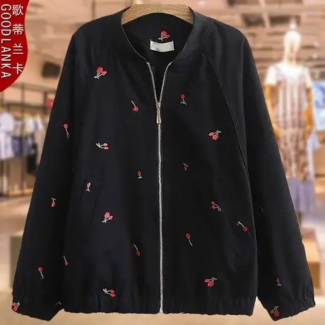 2022新款中年四五十岁妈妈春装外套加肥加大码女装刺绣蝙蝠袖夹克商品大图