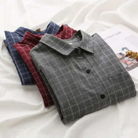 2020春款小清新文艺百搭格子衬衫女长袖学生宽松简约复古打底衬衣商品大图