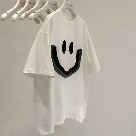 网红ins超火短袖t恤女2022夏季新款笑脸卡通图案减龄宽松半袖上衣商品大图
