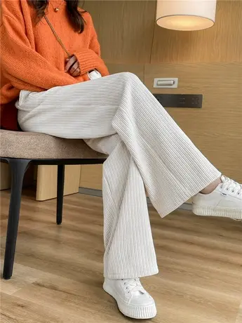 雪尼尔阔腿裤女秋冬季高腰垂感宽松直筒加绒休闲米白色灯芯绒裤子商品大图