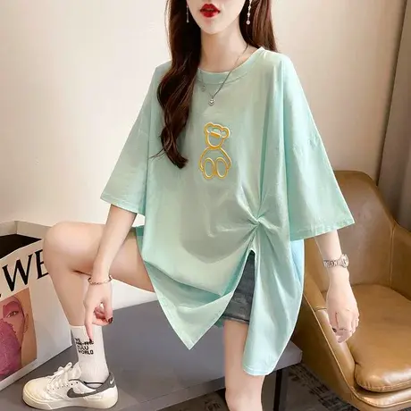 设计感小众短袖t恤女夏韩版宽松大码女装中长款不规则开叉上衣服图片