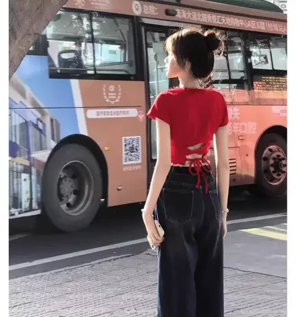 镂空露背绑带正肩短袖t恤女夏季辣妹风美式复古收腰修身短款上衣图片