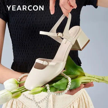 意尔康后空包头一字带凉鞋女2023年新款夏季粗跟仙女风方头单鞋女商品大图