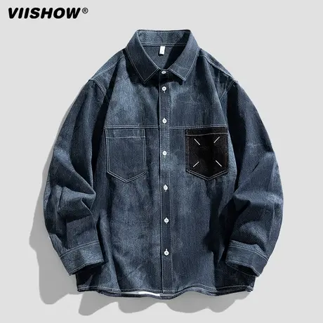 VIISHOW潮牌纯棉牛仔衬衫男秋季新款高街撞色宽松衬衣痞帅外套图片