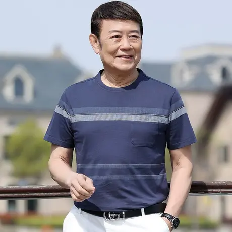 爸爸夏装短袖t恤纯棉条纹薄款夏季中老年人男士圆领半袖polo汗衫商品大图