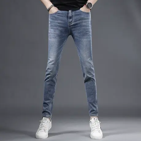 2023夏季新款裤子男牛仔裤潮牌蓝色修身小脚弹力薄款男士休闲长裤商品大图