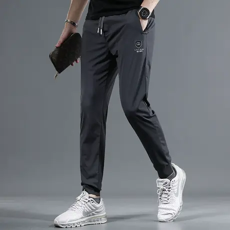 夏季冰丝休闲裤男2023新款灰色修身束脚男士潮牌松紧腰弹力裤子男商品大图