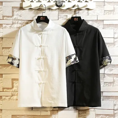 中国风衬衫男短袖盘扣唐装宽松立领休闲夏季薄款中式衬衣古风半袖图片