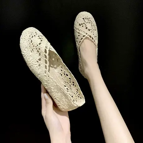 网红单鞋女2023新款春季网面透气镂空百搭女士圆头休闲平底奶奶鞋商品大图