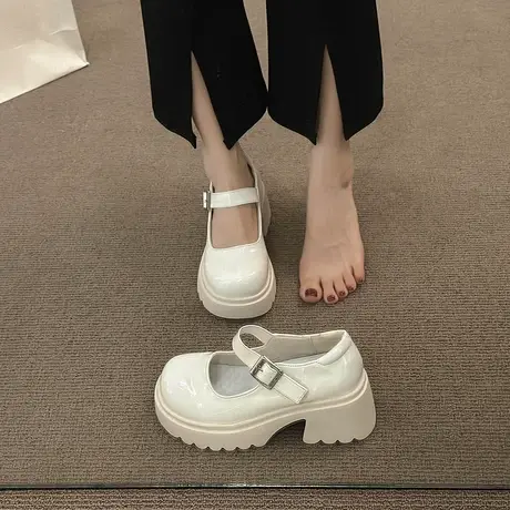 百搭圆头粗跟单鞋女夏季2023新款浅口复古法式小皮鞋小众玛丽珍鞋商品大图