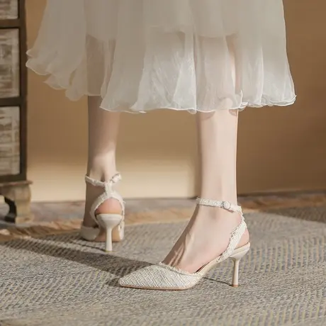 包头凉鞋女夏季2023年新款细跟尖头一字带高跟鞋百搭气质名媛单鞋商品大图