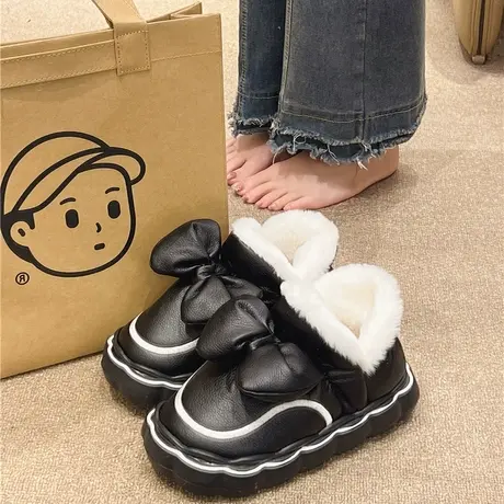 包跟棉鞋女士冬季防水外穿可爱蝴蝶结加绒保暖厚底防滑加厚雪地靴商品大图