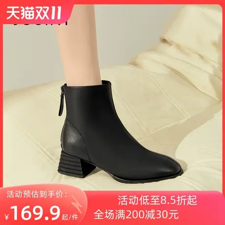 卓诗尼2023秋冬新款粗跟时装靴潮流后拉链女靴时尚英伦风短筒靴女图片