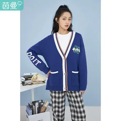 茵曼宽松女2023春季新款百搭刺绣撞色休闲字母学院腈棉开衫针织衣图片